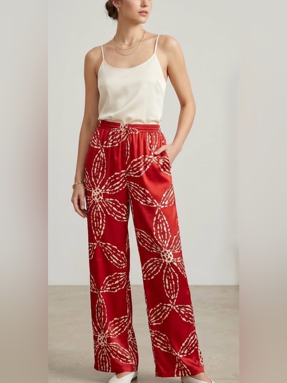Nordstrom Halogen Rio Red and White Wide-Leg Floral Print Pants NWT Medium